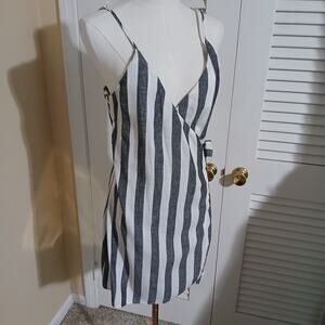 Pull & Bear M spaghetti strap wrap sundress grey and white tie waist vert stripe